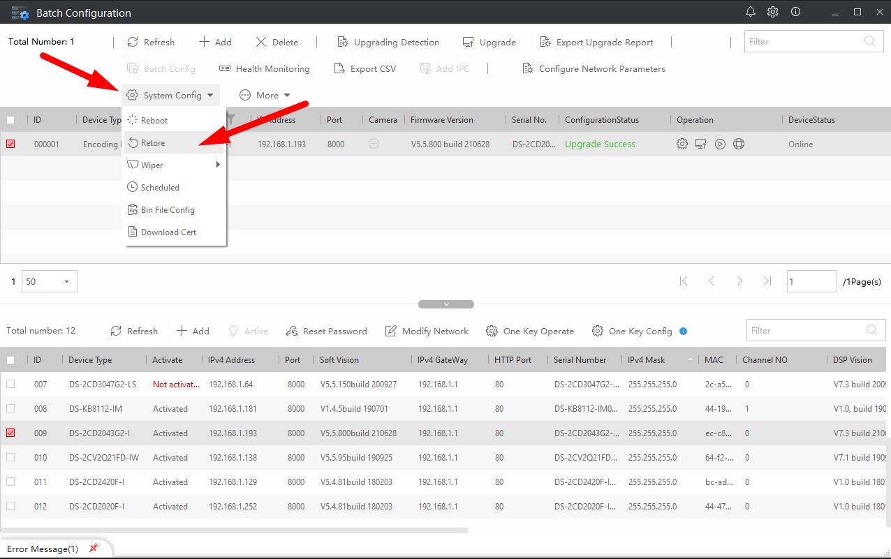 Заходим в меню «System Config» и выбираем «Restore»