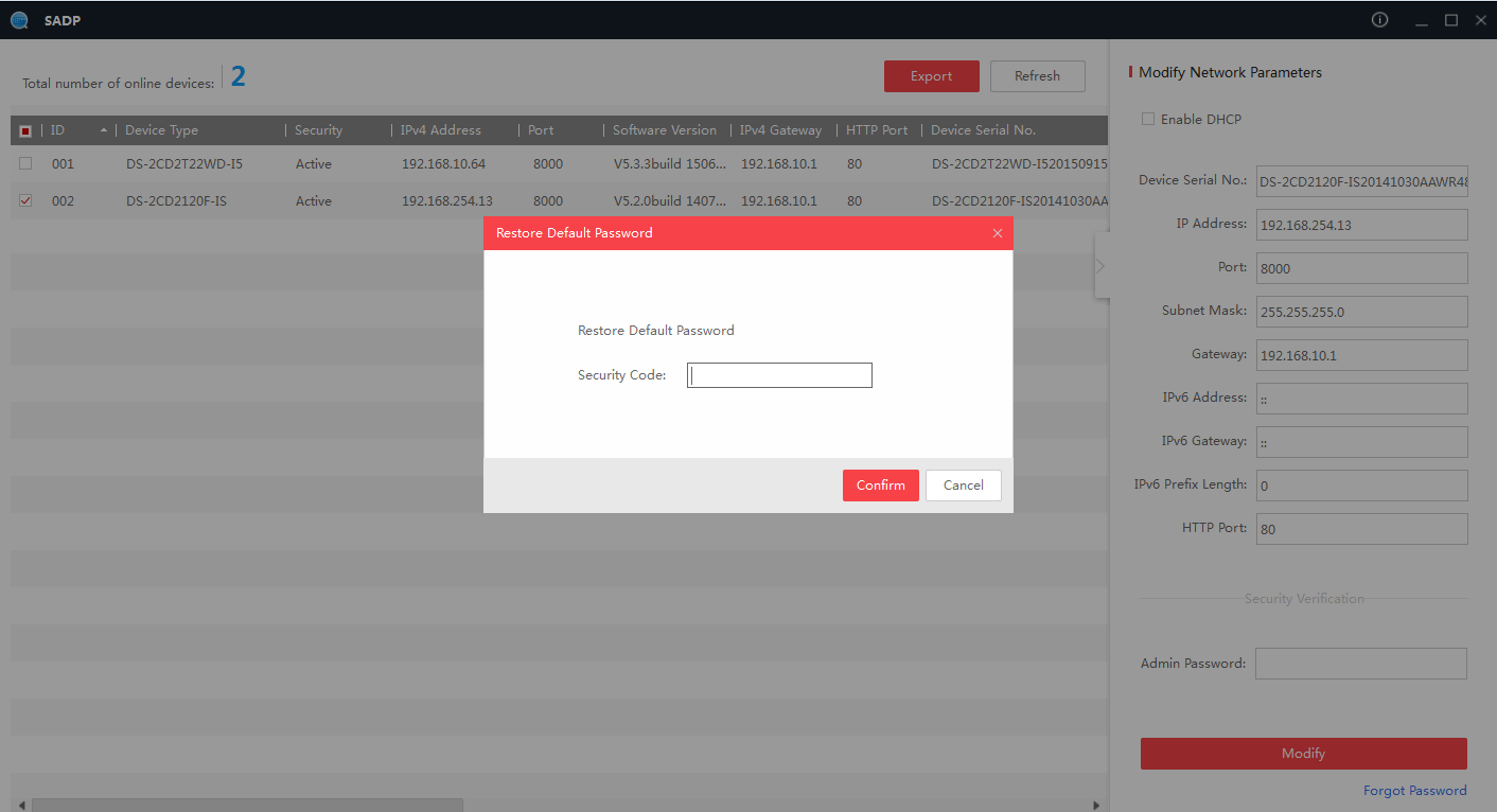 SADP Restore Default Password